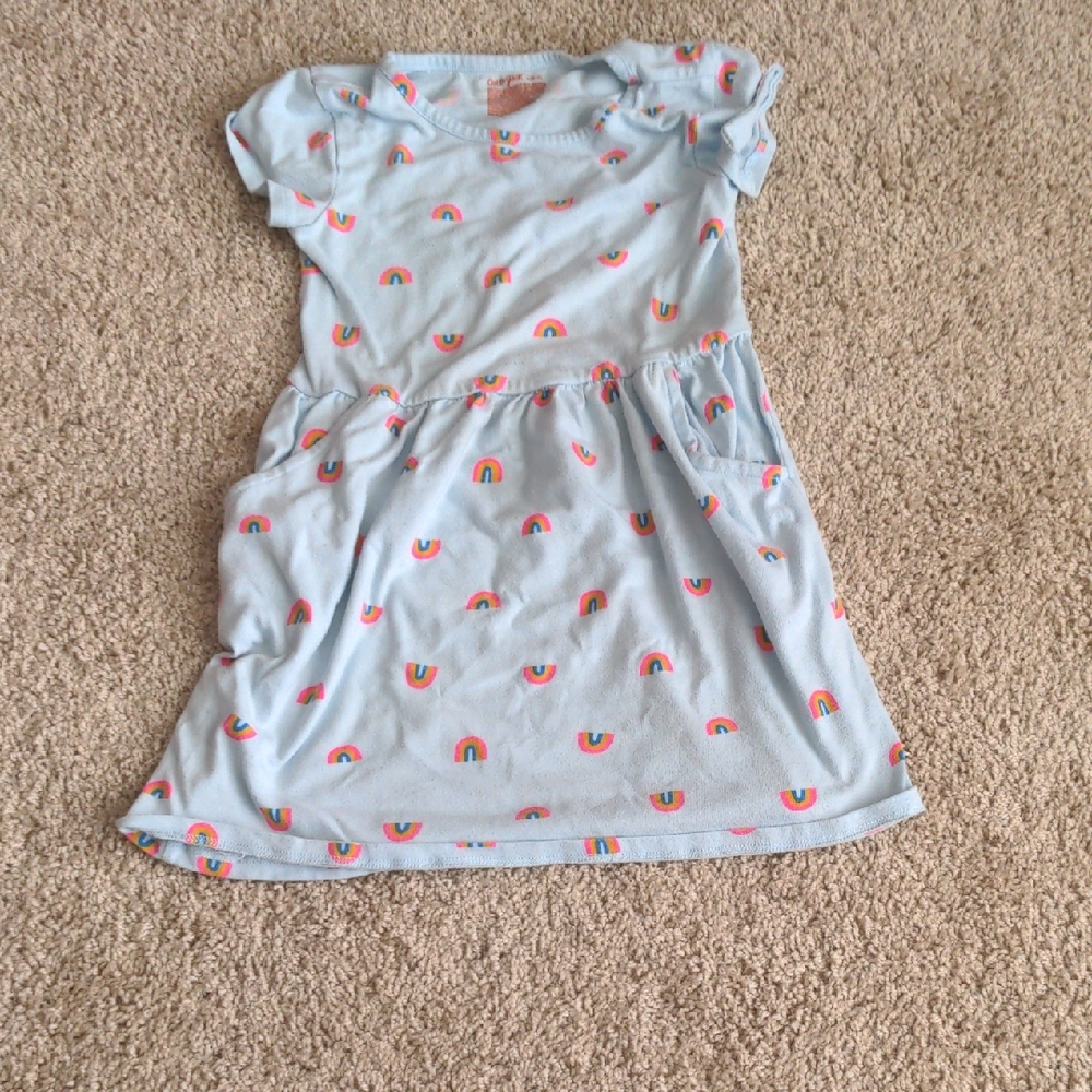 Cat & Jack Girls Size Small 6/6X Light Blue Rainbow Print Short Sleeve Dress